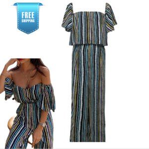 Stripe Off the shoulders Two-piece Top & Pants Set - Small to Medium